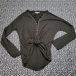 Express One Eleven Black Stretchy Chic Goth Lace Up Long Sleeve Tunic Blouse